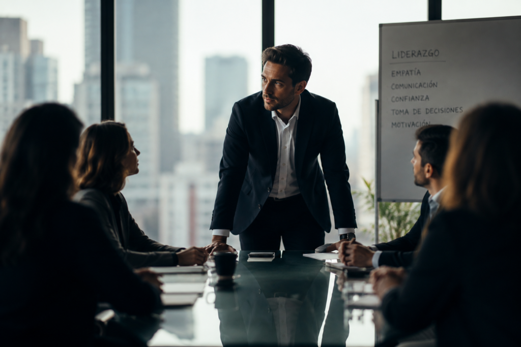 Líder demostrando inteligencia emocional durante una reunión de equipo, gestionando las emociones y tomando decisiones con serenidad