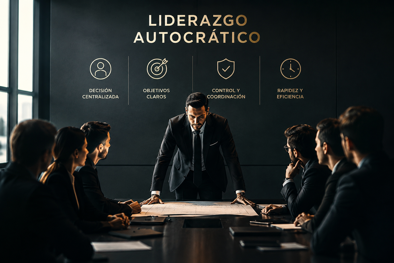 Líder aplicando un estilo de liderazgo autocrático durante una reunión estratégica con su equipo