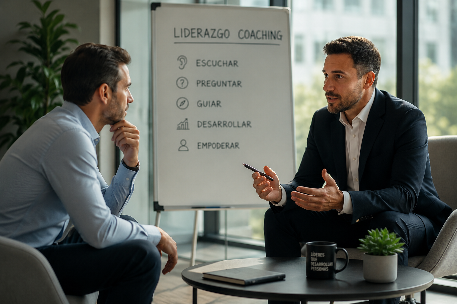Líder aplicando liderazgo coaching mediante preguntas, escucha activa y acompañamiento para desarrollar el talento del equipo