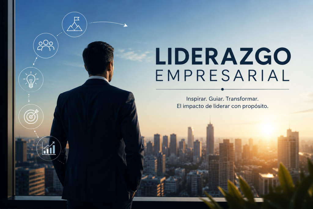Directivo observando el horizonte desde una oficina representando el liderazgo empresarial, la visión estratégica y la gestión de equipos de alto rendimiento.