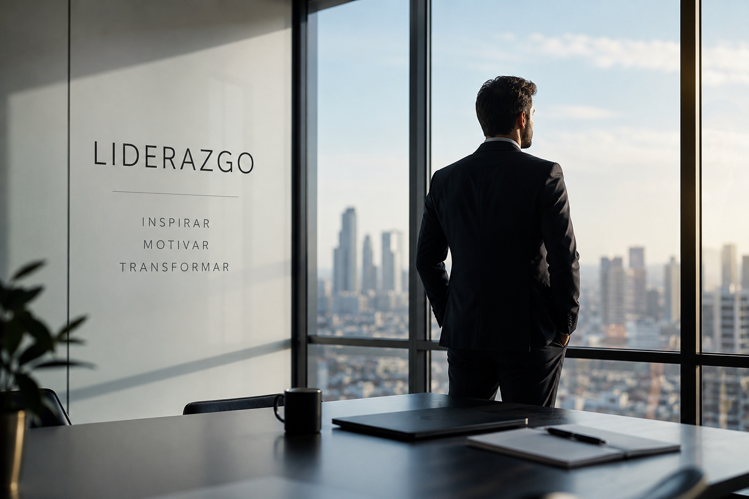 Líder contemplando la estrategia de una empresa antes de dirigir a su equipo