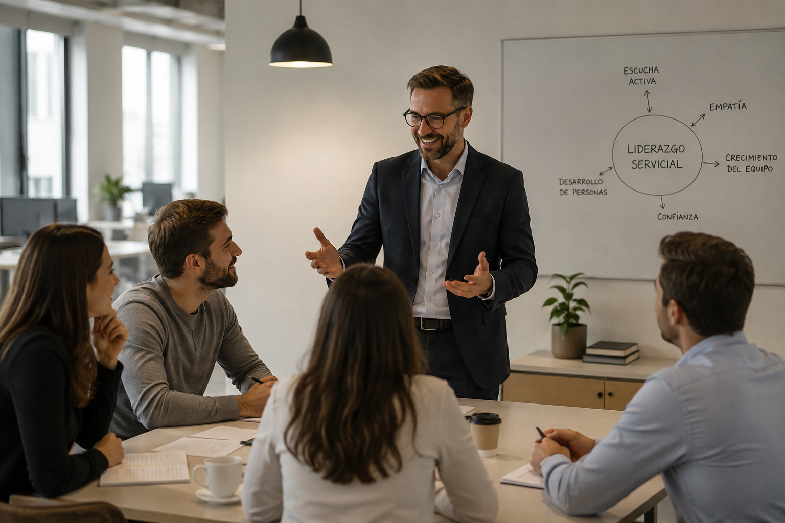 Líder aplicando un estilo de liderazgo servicial mientras escucha, guía y desarrolla a su equipo durante una reunión