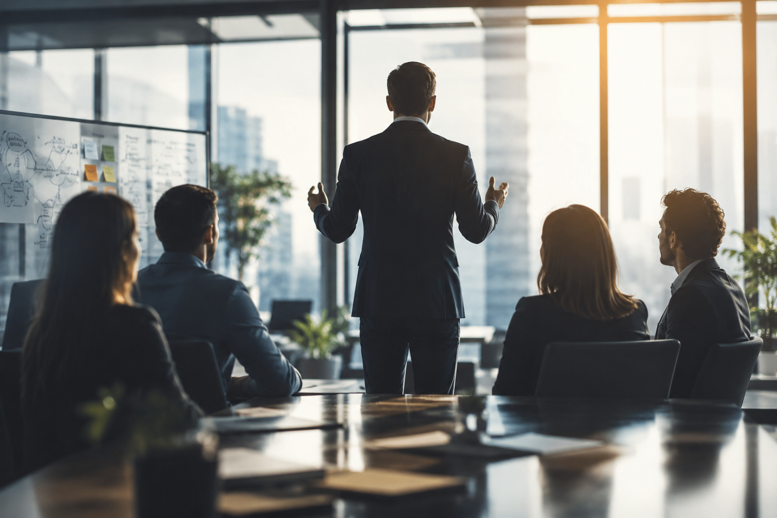 Líder inspirando a un equipo durante una reunión estratégica mediante un estilo de liderazgo transformacional