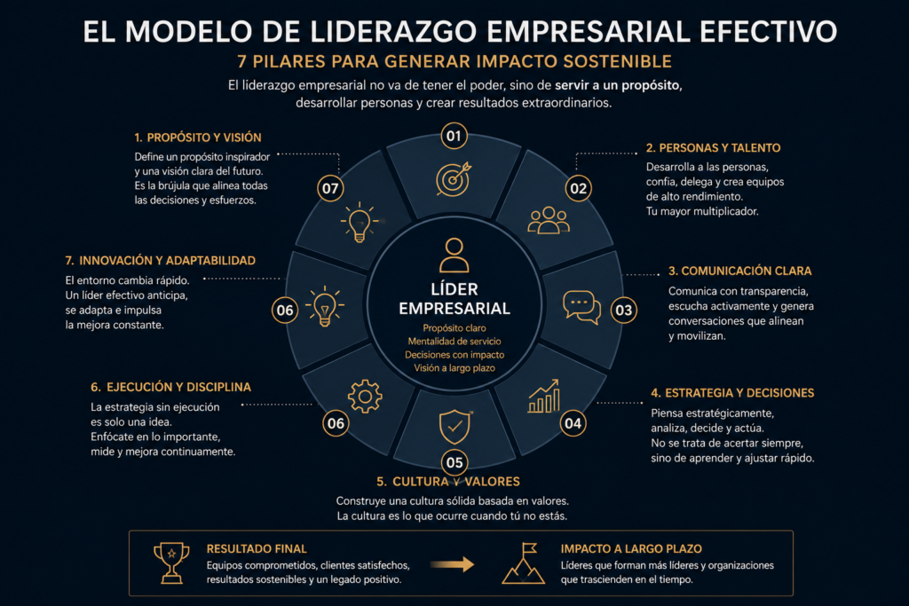 Diagrama del modelo de liderazgo empresarial con los siete pilares fundamentales para desarrollar equipos de alto rendimiento, tomar decisiones estratégicas y crear una cultura organizativa sólida.