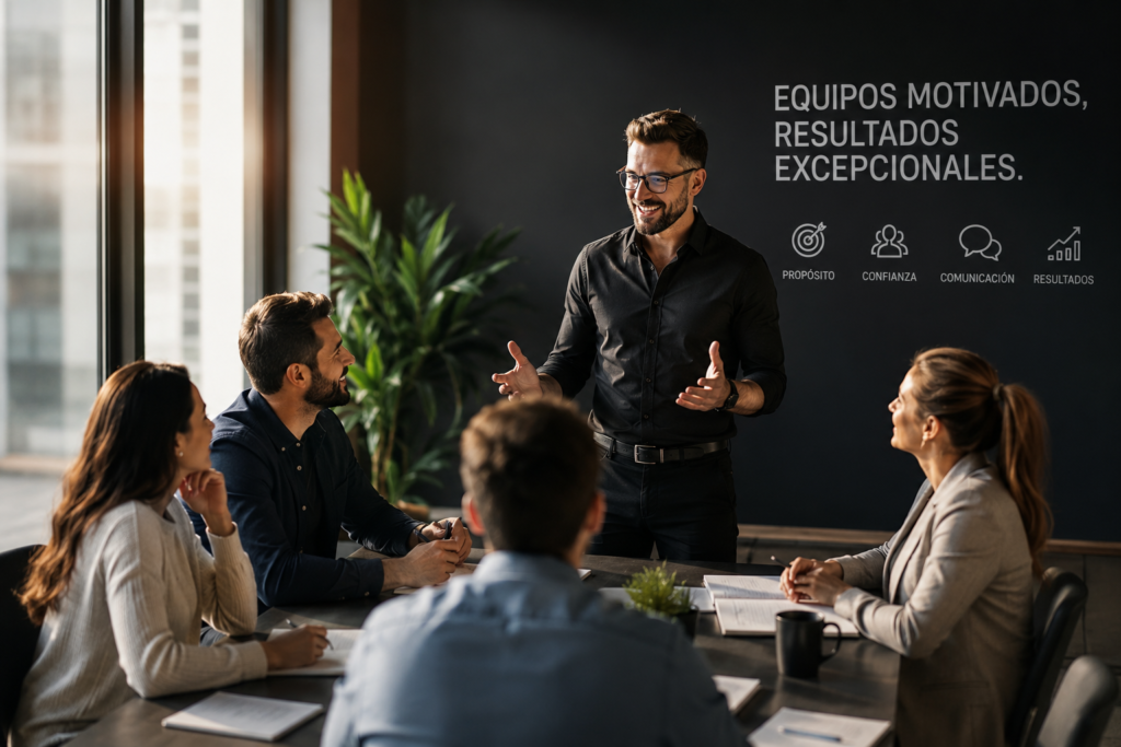 Equipo de trabajo motivado durante una reunión liderada con claridad, confianza y objetivos compartidos