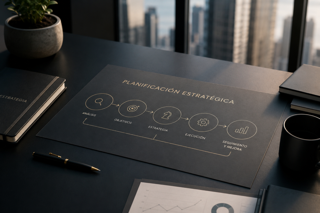 Planificación estratégica de una empresa con objetivos, estrategia y seguimiento para impulsar el crecimiento empresarial.