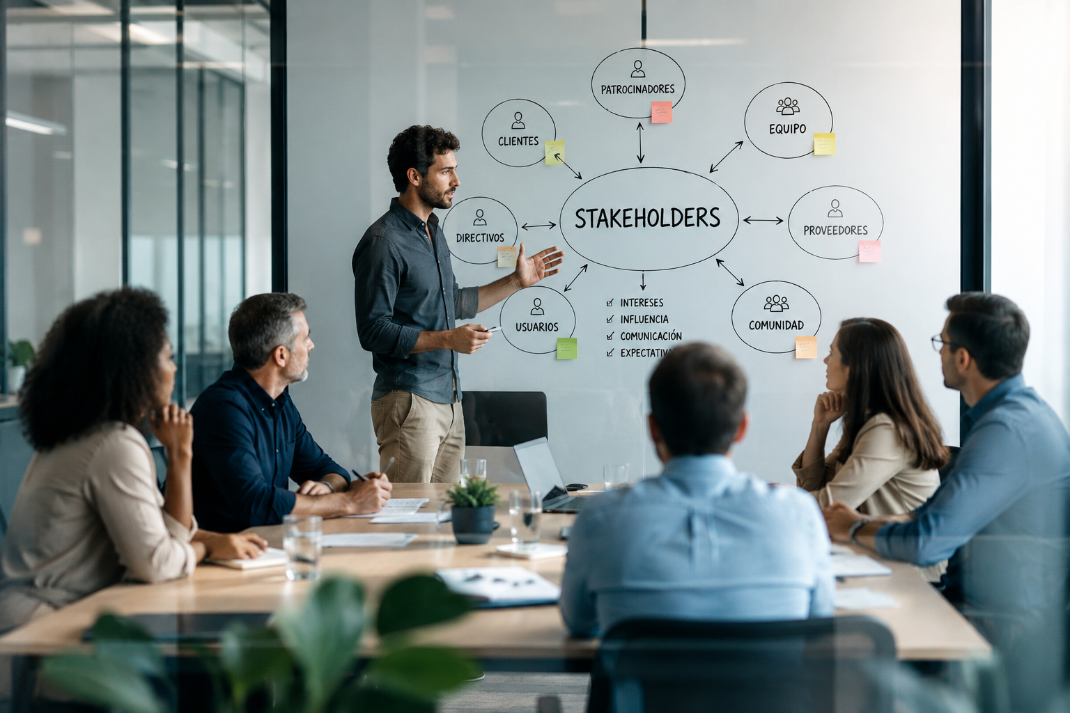 Reunión para identificar y gestionar los stakeholders de un proyecto mediante un mapa de interesados