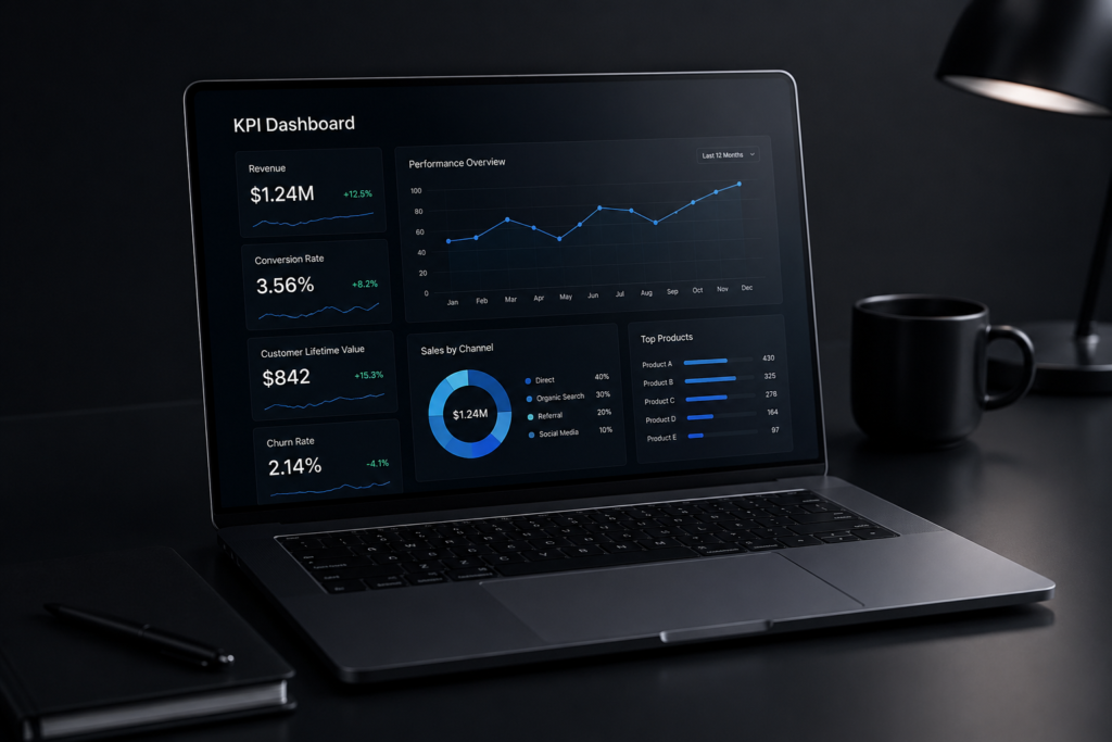     Dashboard de indicadores KPI mostrando métricas clave de rendimiento y análisis empresarial en tiempo real