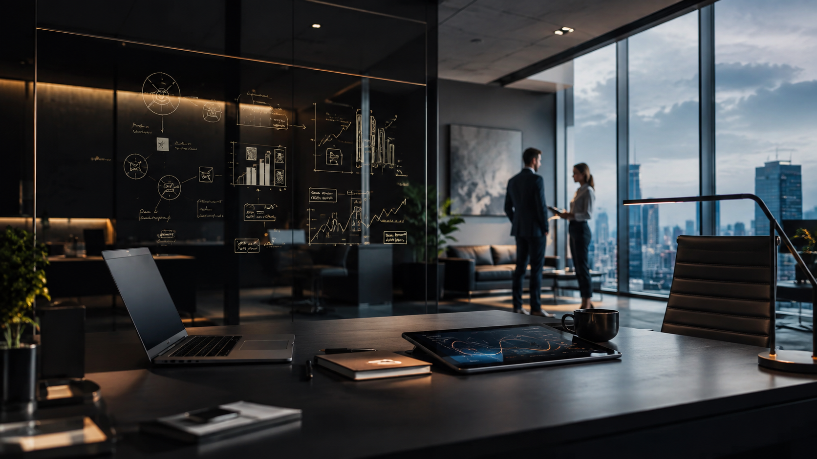 Equipo directivo trabajando en innovación empresarial, estrategia y nuevas oportunidades de crecimiento