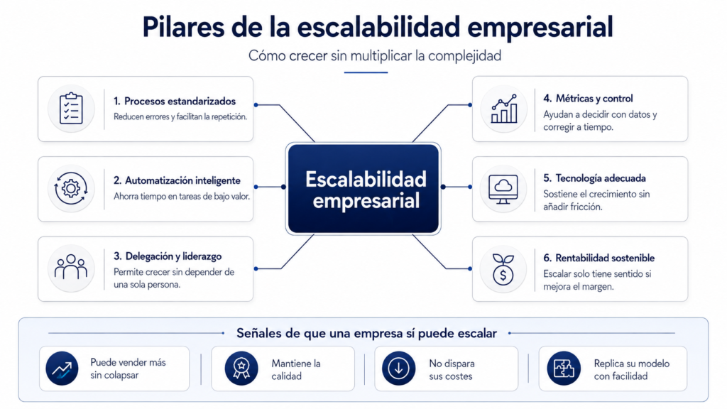 Diagrama de los pilares de la escalabilidad empresarial con procesos, automatización, liderazgo, métricas, tecnología y rentabilidad