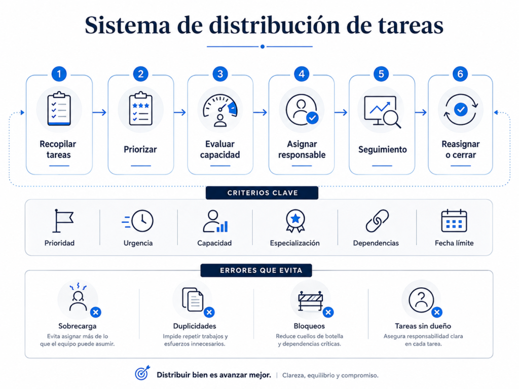 Diagrama del sistema de distribución de tareas con prioridades, capacidad, responsables y seguimiento