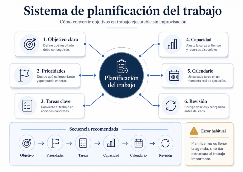 Diagrama del sistema de planificación del trabajo con objetivos, prioridades, tareas, capacidad, calendario y revisión