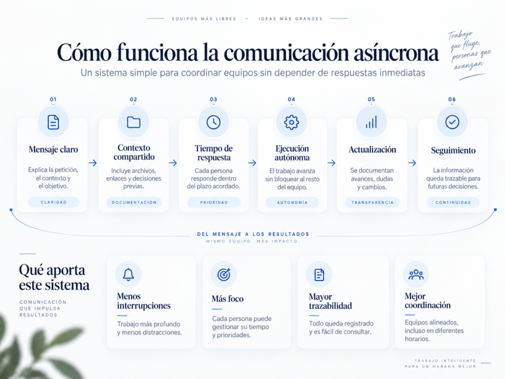 Diagrama de comunicación asíncrona en el trabajo con seis etapas: mensaje claro, contexto compartido, tiempo de respuesta, ejecución autónoma, actualización y seguimiento.