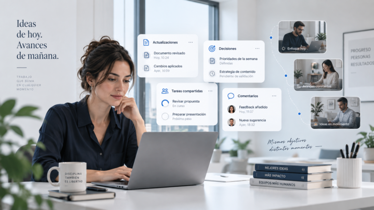 Profesional trabajando con un portátil mientras su equipo comparte tareas, decisiones y actualizaciones de forma asíncrona.