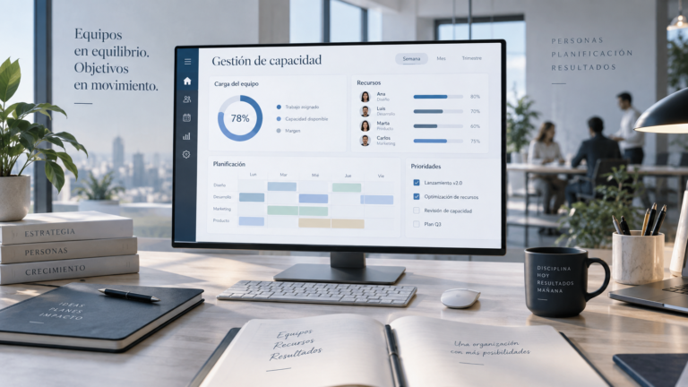 Panel de gestión de capacidad que muestra la carga de trabajo, los recursos disponibles y la planificación semanal de un equipo.